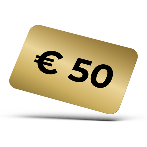 Auf einer goldenen Pferdegold®-Gutscheinkarte steht in schwarzer Schrift "50 €", was einen Fünfzig-Euro-Gutschein der Marke Pferdegold® darstellt.
