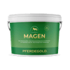 Der Pferdegold Magen Behälter für Pferde hat einen weißen Deckel und Griff, zeigt Produkt- und Markentext und ist ein Premium Pferde Supplement zur Unterstützung der Magengesundheit von Pferden.