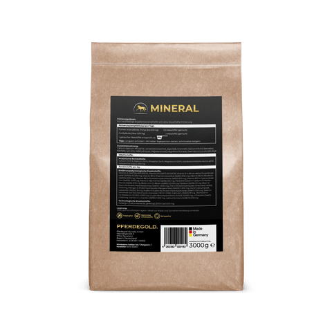 Brauner Beutel mit der Aufschrift MINERAL 2.0 (3kg) von Pferdegold, mit deutschem Text und schwarzem Etikett; dieses Mineralfutterprodukt wird in Deutschland hergestellt.