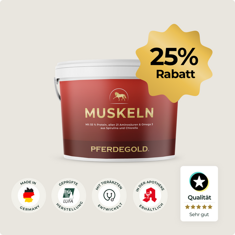 Pferdegold® Muskeln 2.0 25% Rabatt-zertifiziertes Pferdefutter für effektiven Muskelaufbau und gesunde, starke Pferdemuskeln. Ideal zur Fütterung mit Qualitätsgarantie und goldener Rabattplakette.