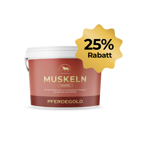 Muskeln 2.0 sojafrei 25 % von Pferdegold® im roten Behälter mit goldener Sternburst und "25 % Rabatt"-ideal für Muskelaufbau und Ausdauer dank pflanzlicher Proteine.
