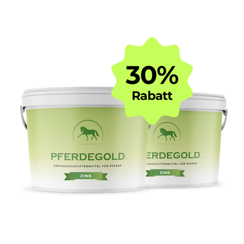Zwei grüne Pferdegold® 2er Zink 30 % Gebinde für Pferde, die mit einem 30%igen Rabatt versehen sind, unterstützen das Immunsystem-Made in Germany.