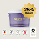 Ein violetter Pferdegold® Nerven 2.0 25% Becher mit der Plakette "25% Rabatt" und den Qualitätssymbolen darunter, mit Magnesium zur Unterstützung der Nerven und zur Verringerung von Angstzuständen formuliert.