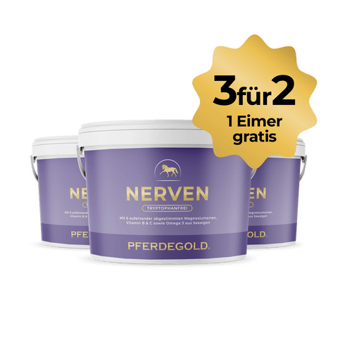 Drei Eimer Pferdegold® Nerven 2.0 3für2 mit goldenem Sternchen-Etikett "3 für 2, 1 Eimer gratis" - ideal zur Beruhigung Ihres Pferdes.