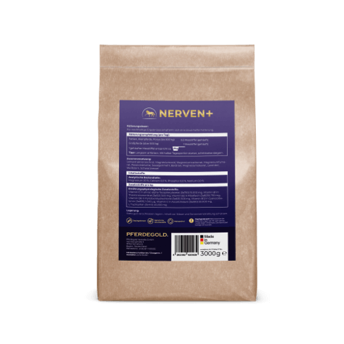 Braune Papiertüte mit der Aufschrift Nerven+ mit Tryptophan von Pferdegold mit lila-weißem Info-Etikett, ideal zur Unterstützung von Pferde Nerven und zur Förderung der natürlichen Nerven Beruhigung.