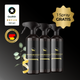 Drei schwarze Pferdegold® Insektenschutzspray 3 für 2 Flaschen mit pflanzenbasiertem Wirkstoff, Made in Germany-Plakette, Goldschleife und "1 Spray Gratis"-Etikett - wirkungsvoller Schutz vor Zecken und Bremsen.