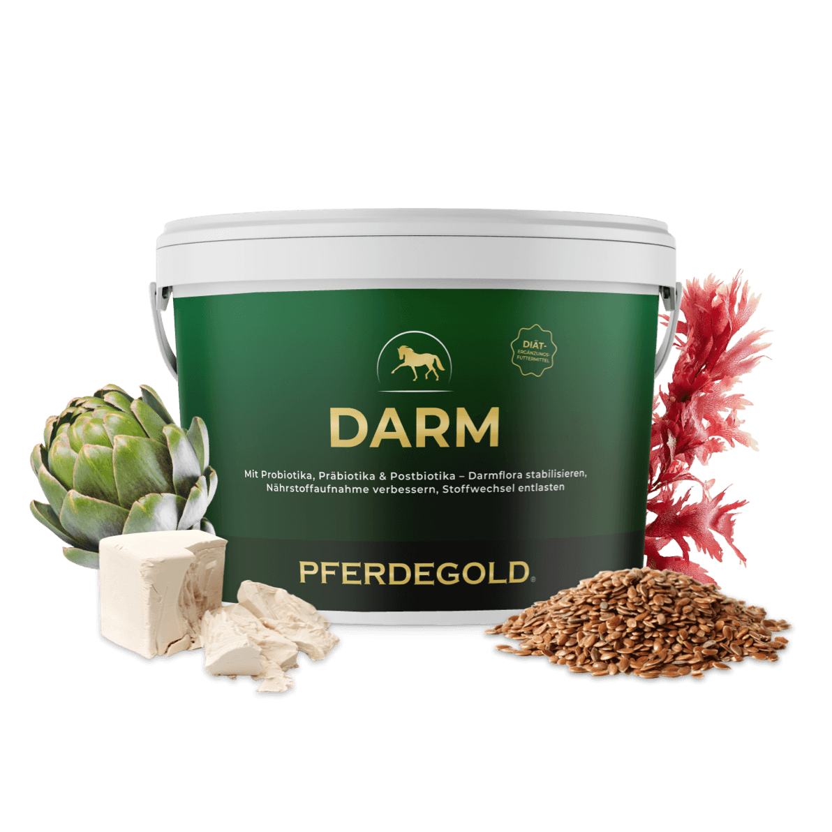 Der Pferdegold-Darm-Eimer mit Artischocke, rotem Seetang, Leinsamen und weißen Würfeln, die vorne angeordnet sind, eignet sich ideal zur Unterstützung der Magengesundheit Ihres Pferdes mit der bewährten Pferdegold-Rezeptur.