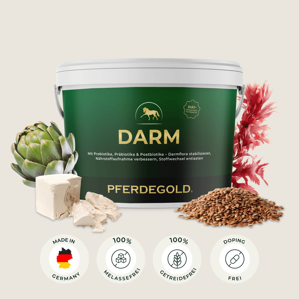 Eine grüne „Pferdegold Darm“-Dose mit Zertifizierungssymbolen, deren spezielle Rezeptur mit Artischocke, Leinsamen und Tofu den Pferdemagen unterstützt.