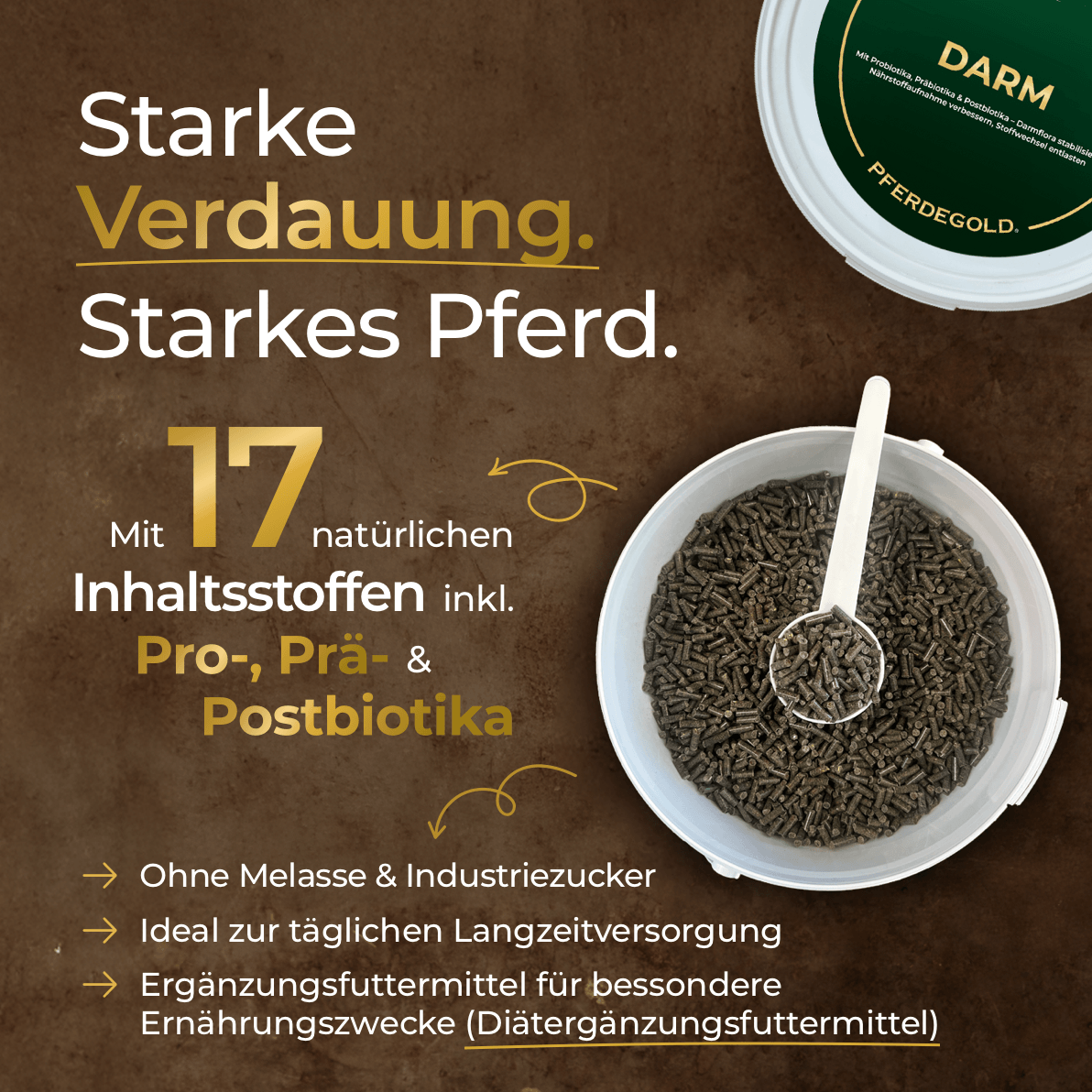 Braune Schale mit dunklen Pellets mit Schaufel und Produktetikett für Pferdegold® Stressbalance (Darm + Nerven) - ein Ergänzungsfuttermittel zur Unterstützung der Verdauung und der Nerven des Pferdes, ideal zum Stressabbau und zur Förderung einer optimalen Verdauung und starker Nerven.