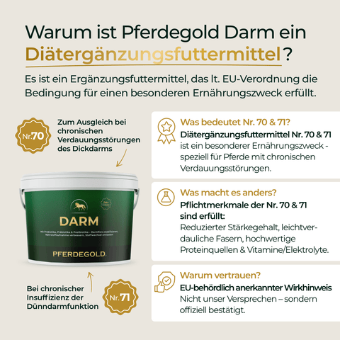 Infografik: Pferdegold Darm - das Diätergänzungsfuttermittel, ideal zur Ergänzung von Pferde Ergänzungsfutter und zur Unterstützung der Magen- und Darmgesundheit Ihres Pferdes.