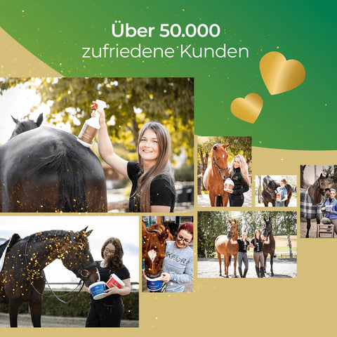 Lächelnde Frauen versorgen Pferde im Freien mit goldener Herzgrafik, Text: "Über 50.000 zufriedene Kunden". Produkt: Pferdegold® Elektrolyte + kostenloses Insektenschutzspray.