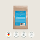 Eine braune Papiertüte mit Pferdegold® Gelenke Muschelfrei Nachfüllpack 3kg mit einem blauen Etikett, auf dem vier deutsche Symbole die Eigenschaften des Produkts hervorheben.