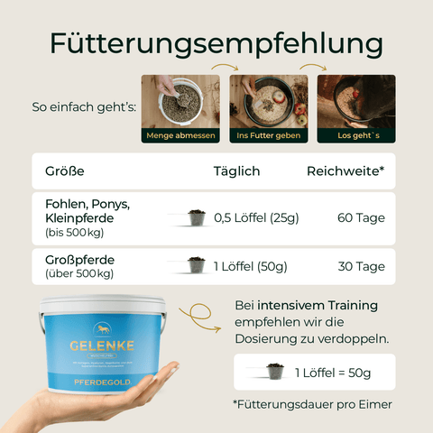 Fütterungsempfehlungstabelle für Pferde mit Dosierung und Dauer; der blaue Pferdegold-Eimer von Gelenke Muschelfrei 2.0 ist ideal zur Unterstützung der Gelenke und für magenempfindliche Pferde geeignet.