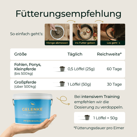 Tabelle mit Fütterungsempfehlung für Pferdegold® Gelenke Muschelfrei Nachfüllpack 3kg, einschließlich Dosierung, Dauer und Schritt-für-Schritt-Anleitung.