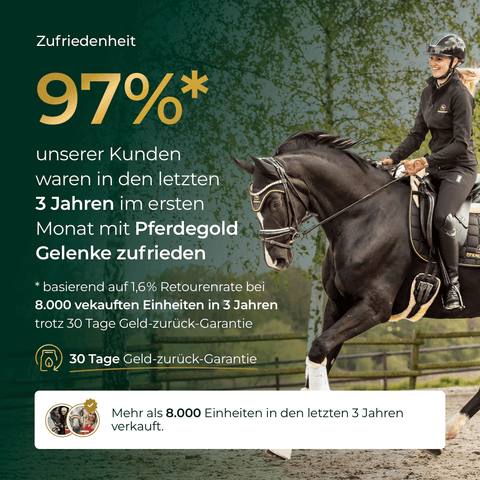 Frau reitet auf einem schwarzen Pferd; Text hebt 97% Kundenzufriedenheit mit Pferdegold® Gelenke Muschelfrei Nachfüllpack 3kg hervor.