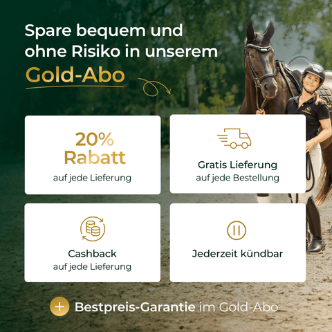 Frau führt Pferd; Text wirbt für Gelenke Muschelfrei Nachfüllpack 3kg von Pferdegold® mit 20% Rabatt im Gold-Abo, gratis Lieferung, Cashback und flexibler Kündigung.