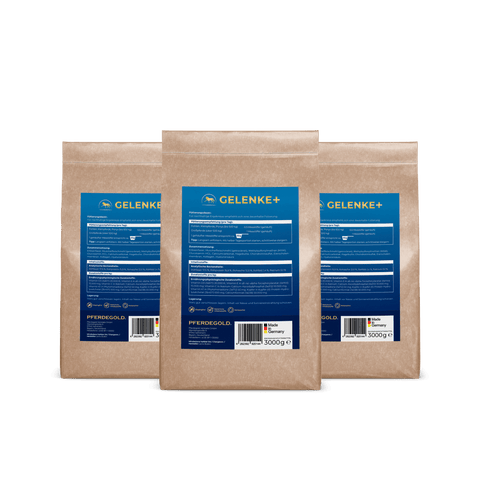 Drei braune Papiertüten mit blauen „Gelenke+ Nachfüller 3er“-Etiketten von Pferdegold® sind nebeneinander auf weißem Hintergrund abgebildet.