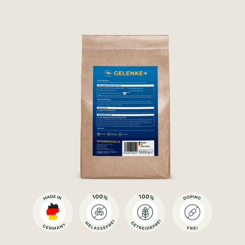 Die braune Papiertüte mit der Aufschrift Pferdegold® Gelenke+ Nachfüllpack 3kg ist mit den Symbolen für Made in Germany, Melassefrei, Getreidefrei und Dopingfrei versehen.