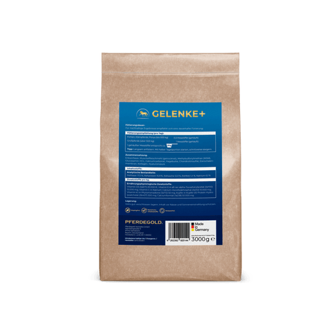 Braune Papiertüte mit blauem Etikett für Pferdegold® Gelenke+ Nachfüllpack 3kg Gelenkergänzung, made in Germany.