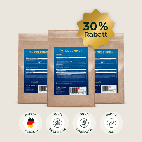 Drei braune „Pferdegold® Gelenke+“-Nachfüllbeutel (3er-Pack) mit blauen Etiketten, ein 30-Prozent-Rabatt-Symbol und vier unten abgebildete Zertifizierungssymbole.