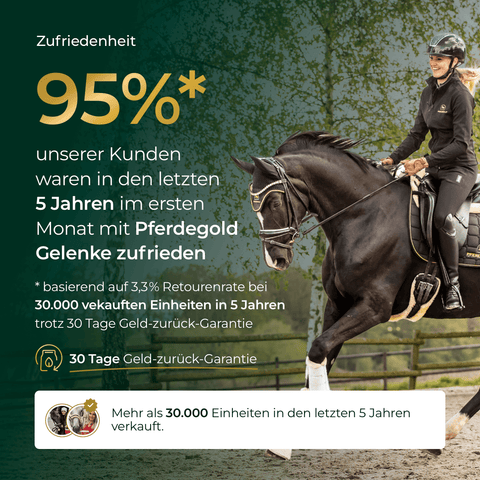 Eine Frau reitet ein Pferd; 95% Kundenzufriedenheit mit Pferdegold® 3 für 2 - Gelenke+, dem beliebten Supplement für gesunde Pferdegelenke.