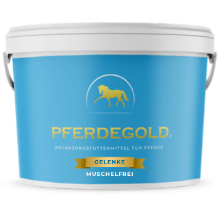 Blau-weißer Pferdegold® Gelenke Muschelfrei 20 % Eimer mit Pferdesymbol, gelenkunterstützend mit Hyaluron und magenschonend für empfindliche Mägen.