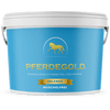 Blau-weißer Pferdegold® Gelenke Muschelfrei 20 % Eimer mit Pferdesymbol, gelenkunterstützend mit Hyaluron und magenschonend für empfindliche Mägen.