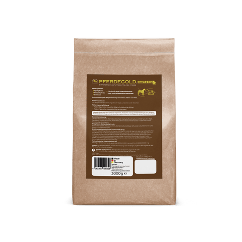 Das Pferdegold Haut & Fell Nachfüllpack 3kg Pferdefutter wird in einer braunen Papiertüte geliefert, die sich perfekt für Pferde Fellpflege und Pferde Hautpflege eignet und auf dem Rückenetikett mit Produktangaben und einem Barcode versehen ist.