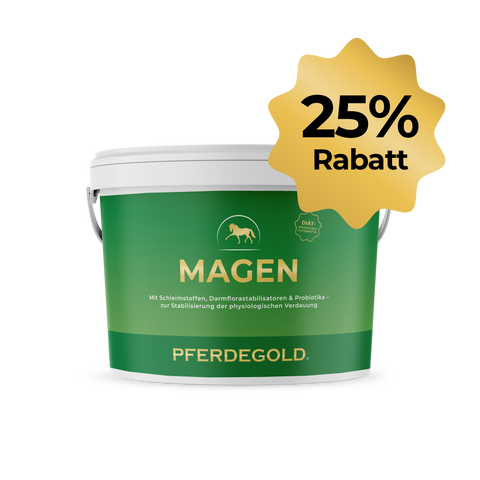 Pferdegold® Magen 25% Becher ist mit einem goldenen Sternchen mit der Aufschrift "25% Rabatt" versehen - ideal für alle, die Probiotika zur Unterstützung von Verdauungsstörungen und zum Ausgleich mit Darmflorastabilisatoren suchen.
