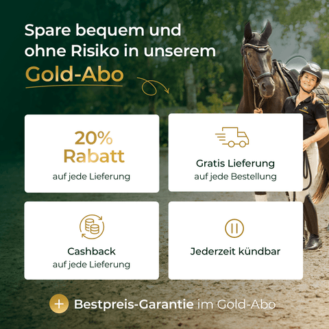 Eine lächelnde Frau mit einem Pferd wirbt für Pferdegold Magen und weist auf Abo-Rabatte und flexible Kündigungsmöglichkeiten hin.