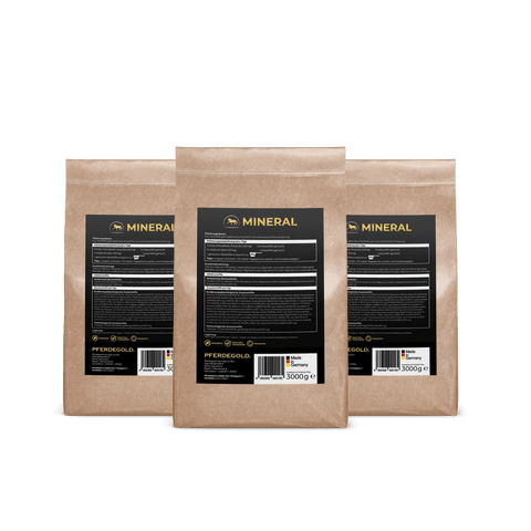 Drei braune Papiertüten mit der Aufschrift „Mineral Nachfüller 3er“ von Pferdegold®, mit schwarzen Etiketten und Schriftzügen, vor weißem Hintergrund.