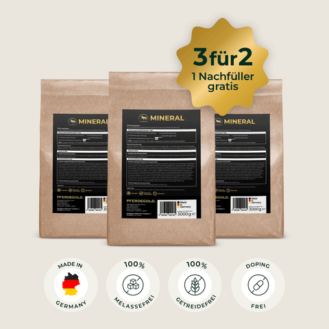 Drei Pferdegold® Mineral Nachfüller 3für2-Beutel in Braun mit einem „3 für 2“-Aktionsaufkleber und Symbolen für die Produktvorteile.