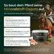 Eine Frau reitet ein braunes Pferd neben einem 3kg-Becher Mineral 2.0 Nachfüllpack von Pferdegold®, das als 6-Monats-Mineralergänzung für Pferde beschrieben wird.