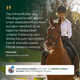 Eine Frau mit Helm reitet auf einem braunen Pferd in der freien Natur, neben ihr ein Testimonial über Pferdegold® Mineral 2.0 Nachfüllpack 3kg.