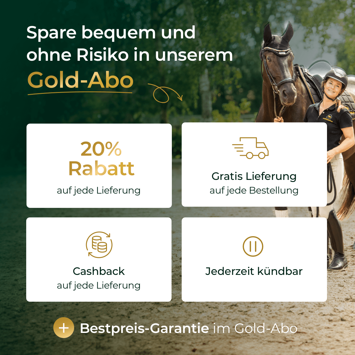 Vier Boxen zeigen die Vorteile von Pferdegold Mineral 2.0: 20% Rabatt, Gratis Lieferung, Cashback und jederzeit kündbar. Im Bild: eine Frau mit Pferd - echte Freude mit Mineral 2.0 für optimale Versorgung!.