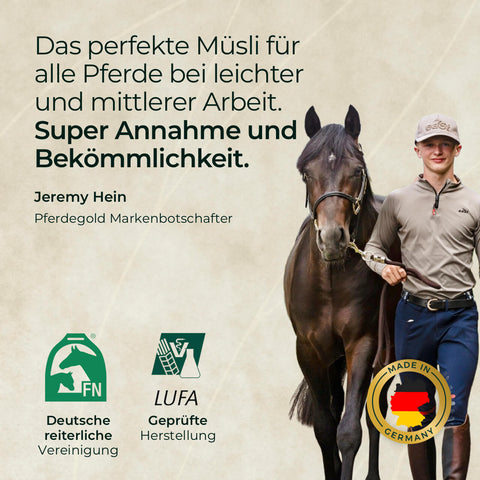 Ein junger Mann führt ein braunes Pferd an der Trense; Werbetext und Logos von Pferdegold® sowie das Produkt "3 für 2 - Goldmüsli Sport Plus" vermitteln Energie und Ausdauer.