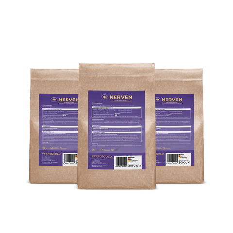 Drei braune Papierverpackungen mit Pferdegold® Nerven Nachfüller 3er, jeweils mit einem Gewicht von 3000 g und mit violetten und weißen Etiketten.