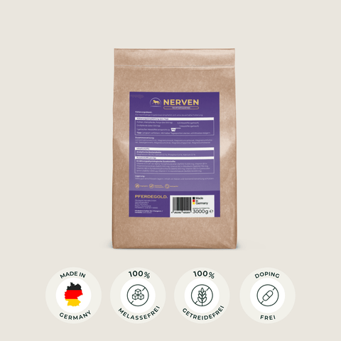 Ein 3 kg schwerer brauner Papiersack mit Pferdegold® Nerven 2.0 Nachfüllpack mit einem violetten Etikett, auf dem vier Produktsymbole und Angaben zu finden sind.