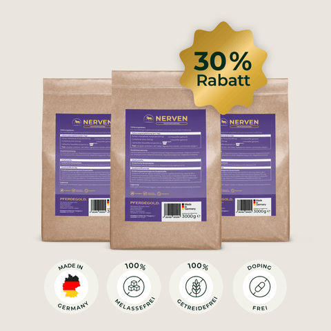 Drei braune Tüten mit „Pferdegold® Nerven Nachfüller 3er“, versehen mit einem goldenen 30-Prozent-Rabatt-Aufkleber und vier Zertifizierungssymbolen.