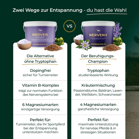 Vergleich von Pferdegold® Nerven 2.0 Nachfüllpack 3kg mit Vorteilen und Einsatzgebieten für Pferde.