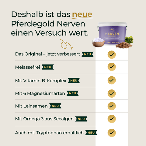 Der deutsche Text listet die Vorteile des Ergänzungsfutters „Pferdegold Nerven 2.0“ auf, ergänzt durch ein Produktbild und Häkchen, und hebt hervor, wie dieses Beruhigungsmittel für Pferde gezielt die Nerven Ihres Pferdes unterstützt.