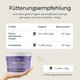 Fütterungsempfehlungstabelle für Pferde mit Dosierung, Dauer und einer Abbildung von Pferdegold Nerven 2.0 in einem violetten Behälter - ideal zur Unterstützung der Pferdeberuhigung und Nervenstärke.