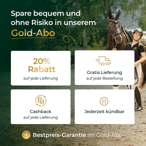 Eine lächelnde Frau mit ihrem Pferd steht neben dem Pferdegold® Nerven 2.0 Nachfüllpack 3kg und hebt die Vorteile des Gold-Abo hervor: 20% Rabatt, Gratis Lieferung, Cashback, jederzeit kündbar.