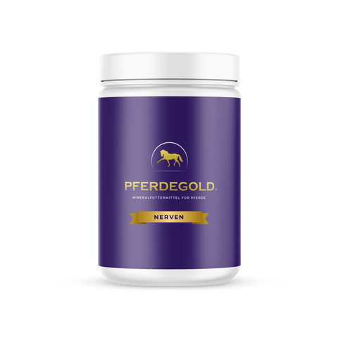 Lila Behälter mit der Aufschrift „Nerven 1.0 Zylinder 750 g“ von Pferdegold, mit einem Pferdelogo, goldener Beschriftung und einem weißen Deckel – ein ideales Beruhigungsmittel für Pferde, das zur Ruhe und Ausgeglichenheit der Tiere beiträgt.