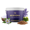 Pferdegold Nerven+ mit Tryptophan (Tub), ergänzt durch Lavendel, Passionsblume, Leinsamen und weitere beruhigende Kräuter – ideal als natürliches Beruhigungsmittel für Pferde zur Förderung des Wohlbefindens Ihres Pferdes.