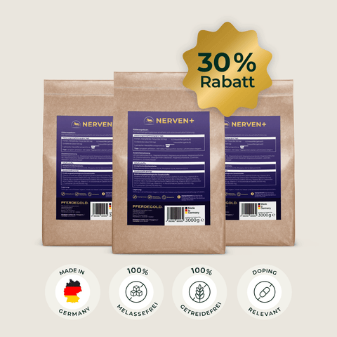 Drei braune Tüten mit „Pferdegold® Nerven+ Nachfüller 3er“, jeweils mit einem goldenen „30 % Rabatt“-Aufkleber versehen und mit vier Symbolen versehen, die die wichtigsten Produktmerkmale darstellen.