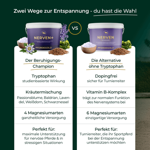 Zwei Eimer Pferdegold Nerven+ mit Tryptophan - Futter für entspannte Pferde, mit Zutaten und Infos zur Unterstützung der Nerven und mehr Beruhigung.