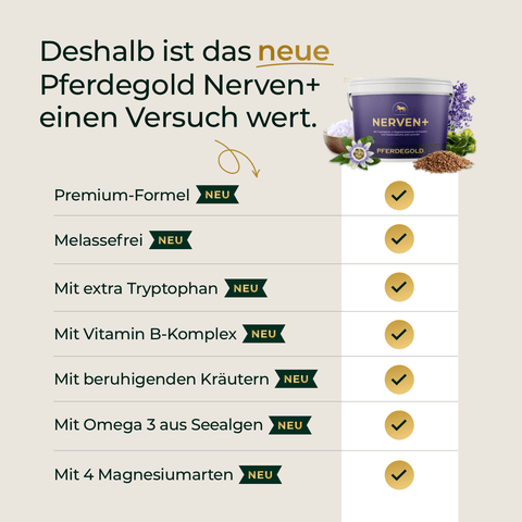 Eine Tabelle, die die Vorteile von „Pferdegold Nerven+ mit Tryptophan“ zur Unterstützung der Pferde-Nerven aufzeigt, mit Abbildungen von beruhigenden Kräutern, der Produktverpackung und grünen Häkchen – ideal für alle, die auf der Suche nach einem natürlichen Beruhigungsmittel für Pferde sind.