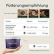 Deutsche Fütterungsanleitung für Pferdegold® Nerven+ Nachfüller 3für2 mit Abbildungen zur Produktabmessung, den Fütterungsschritten und einer Dosierungstabelle für verschiedene Pferdegrößen.