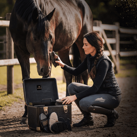 Eine Frau striegelt ein Pferd mit einer Bürste neben einer offenen Pferdegold® Putzbox Bundle Deluxe von Pferdegold® in einem eingezäunten Außenbereich.